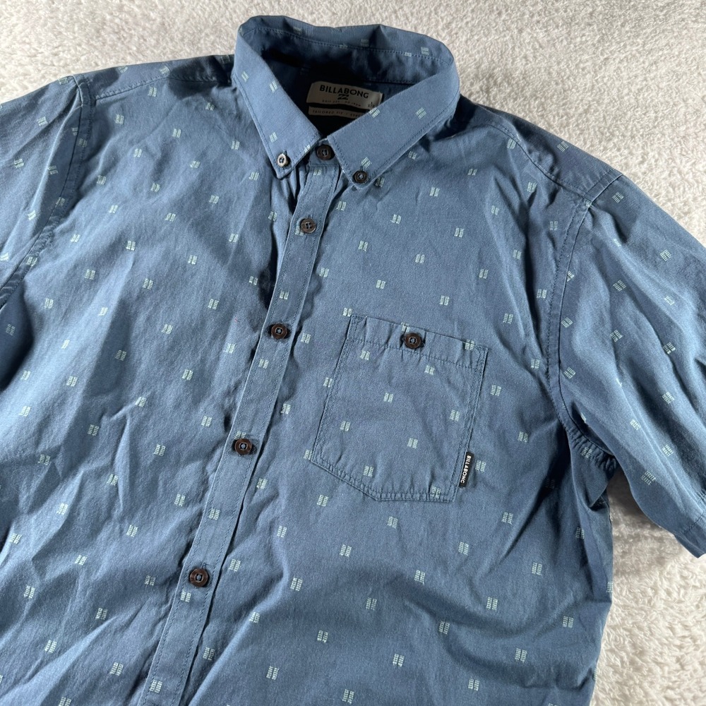 Billabong Button Up Casual Short Sleeve Shirt Blue Drip Dry Tailored Stretch L‎